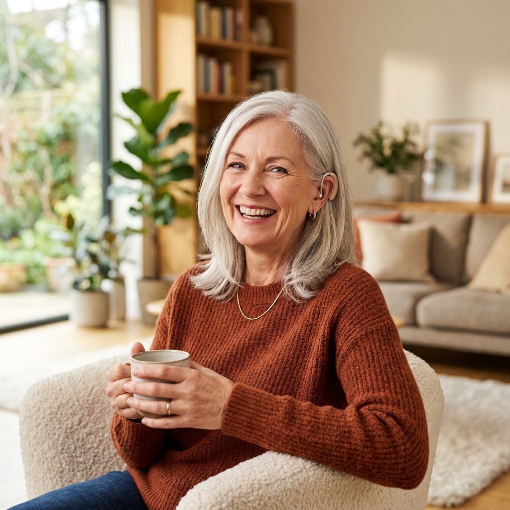 Happy woman wearing a modern hearing aid